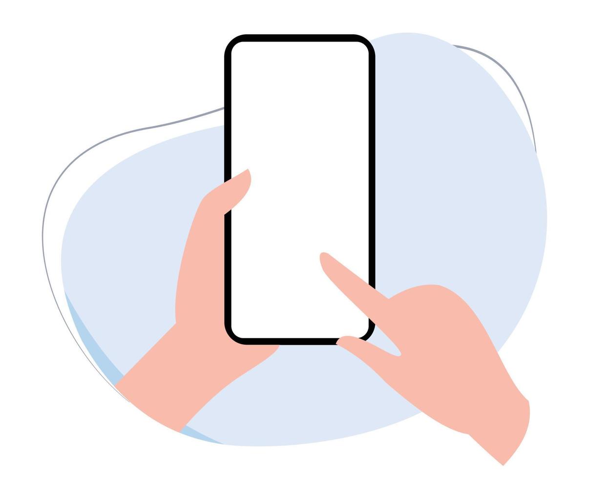 mano que sostiene el teléfono móvil con pantalla en blanco. teléfono celular con pantalla en blanco en la mano. ilustración vectorial plana del dedo tocando la pantalla del teléfono móvil. maqueta de teléfono celular. plantilla de teléfono móvil con espacio en blanco vector