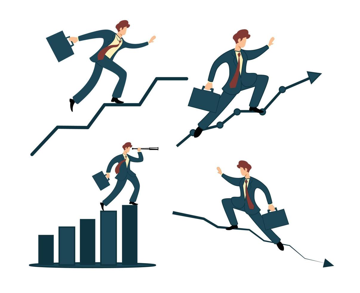 various expressions of businessmen climbing the ladder of business charts. flat design vector illustration of businessman climbing stairs business chart