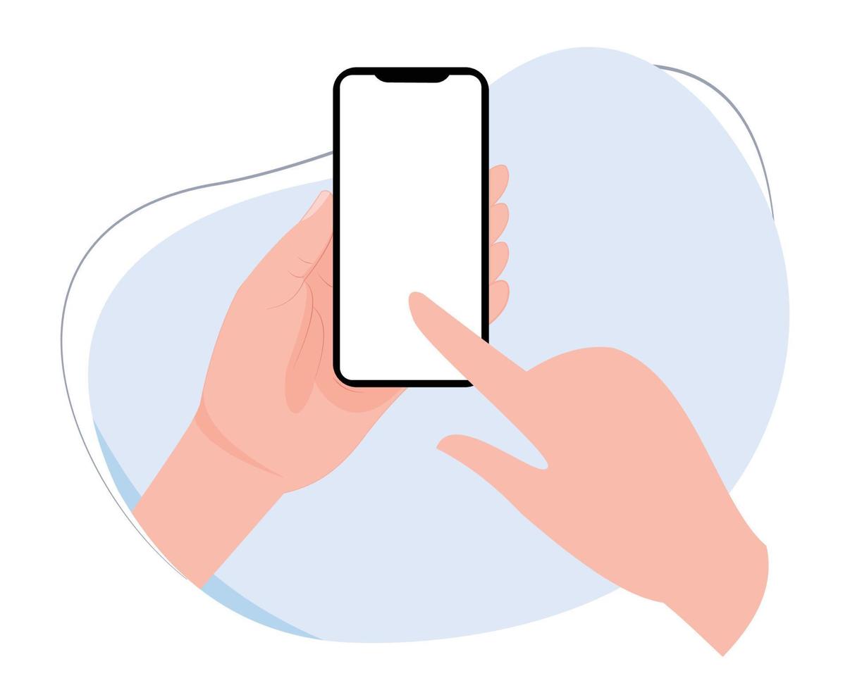 teléfono inteligente con pantalla en blanco. mano que sostiene el teléfono inteligente. pantalla táctil con el dedo. ilustración vectorial plana de una mano sosteniendo un teléfono inteligente. plantilla de vector de teléfono móvil