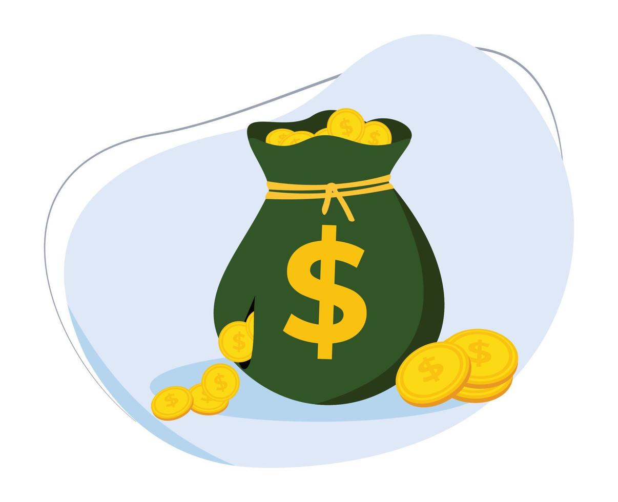 leaky bag of gold coins. wrong investment. leaking savings. depleted savings flat design vector illustration
