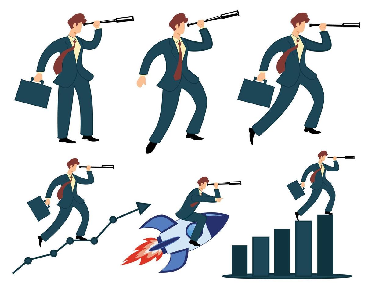 various poses of businessman holding binoculars telescope. businessman holding telescope vector cartoon flat design illustration