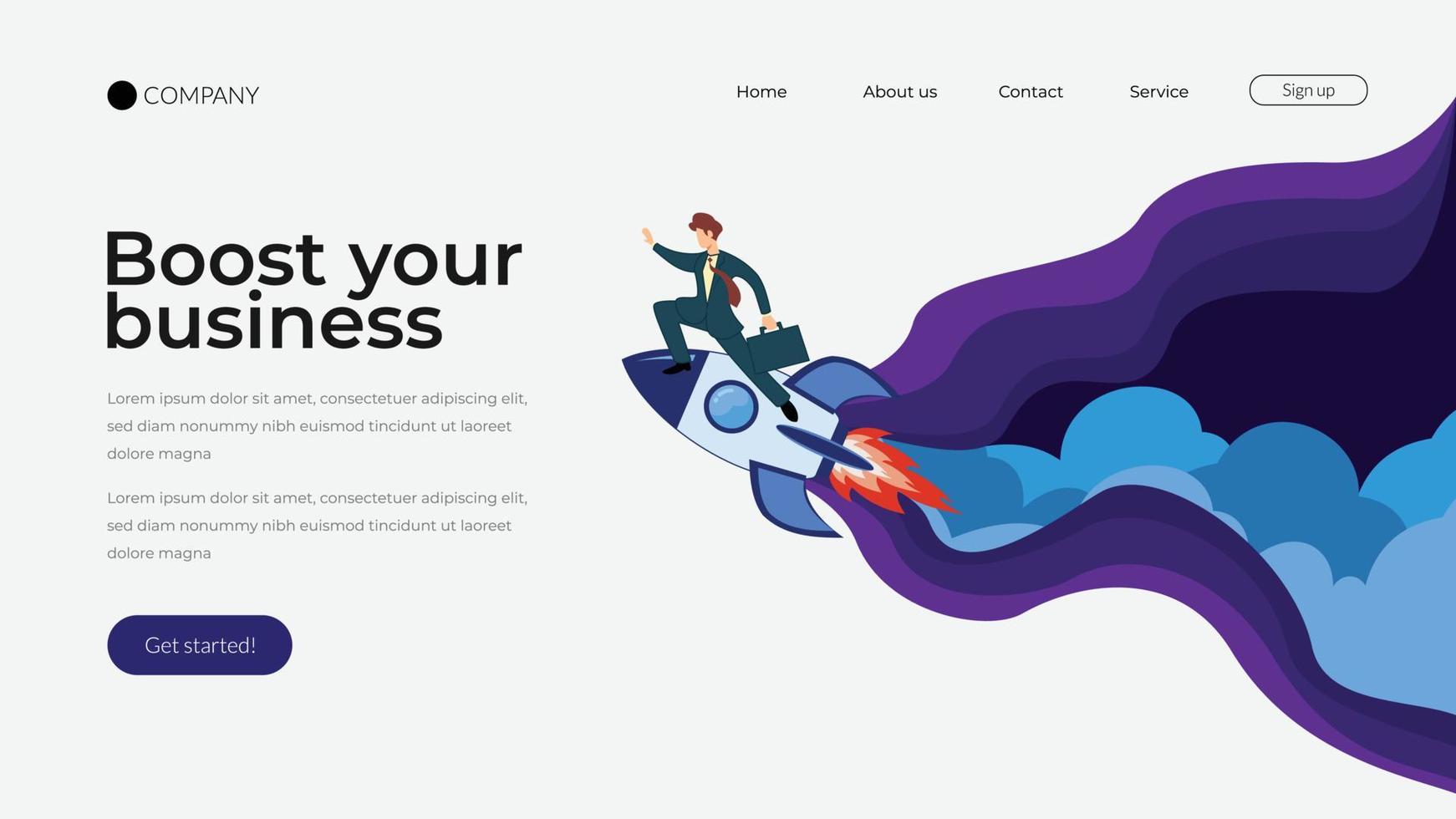 businessman on a rocket. website landing page. boost your business vector
