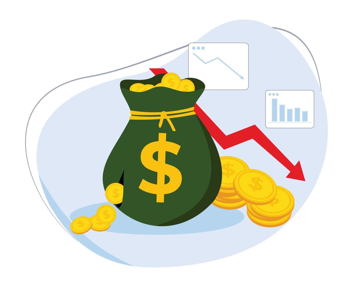 leaking bags of gold coins and declining business charts. investment decline vector