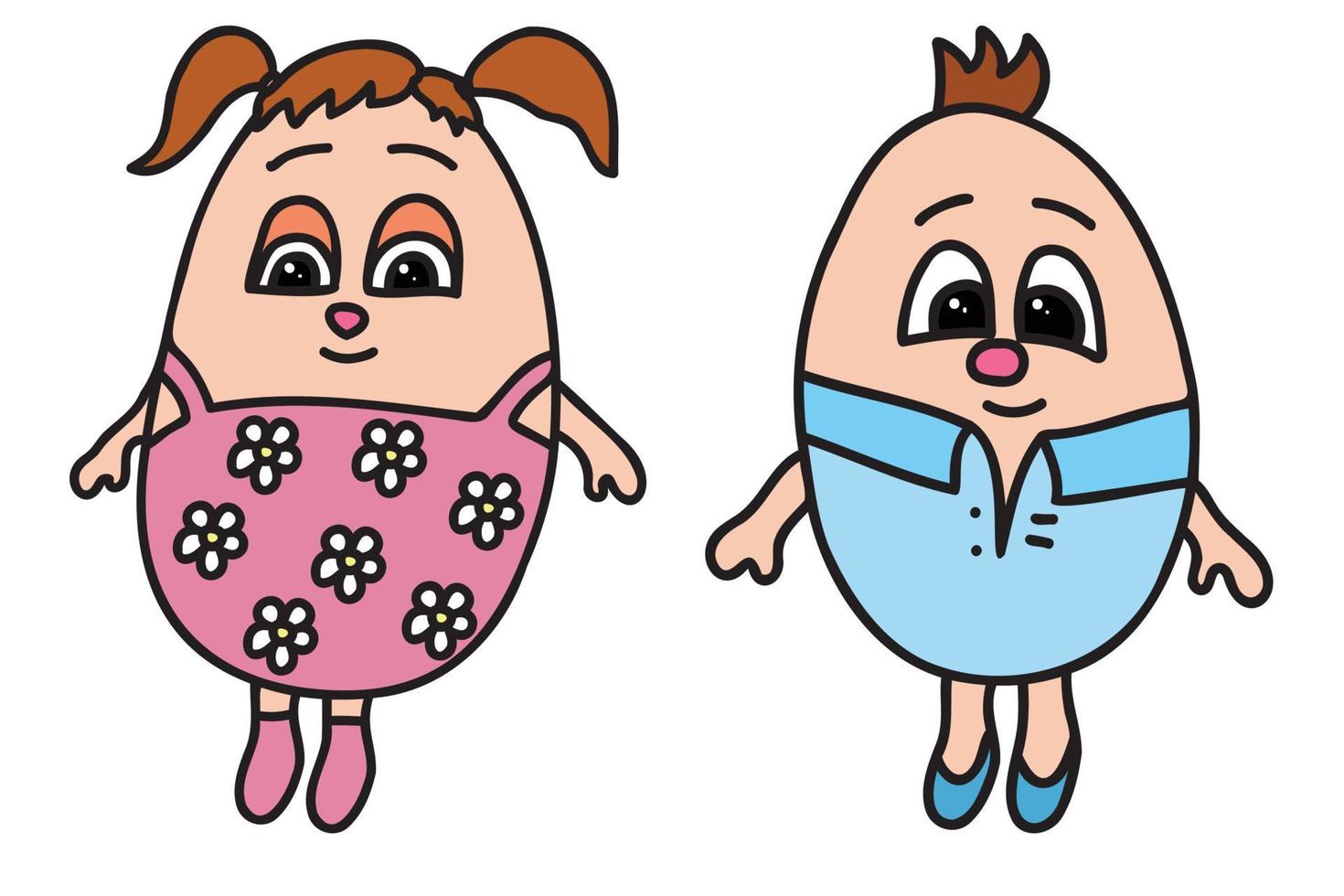 The picture shows two eggs girl and boy in clothes, it is intended for birthday, valentine, cards, clothes printing, etc. vector