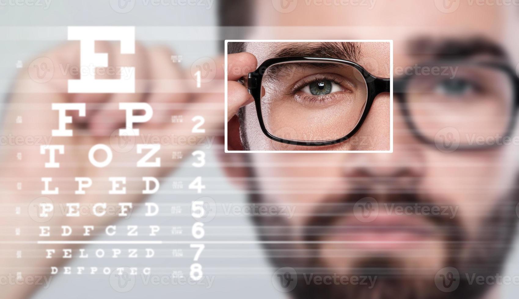 Closeup of male face and eye chart photo