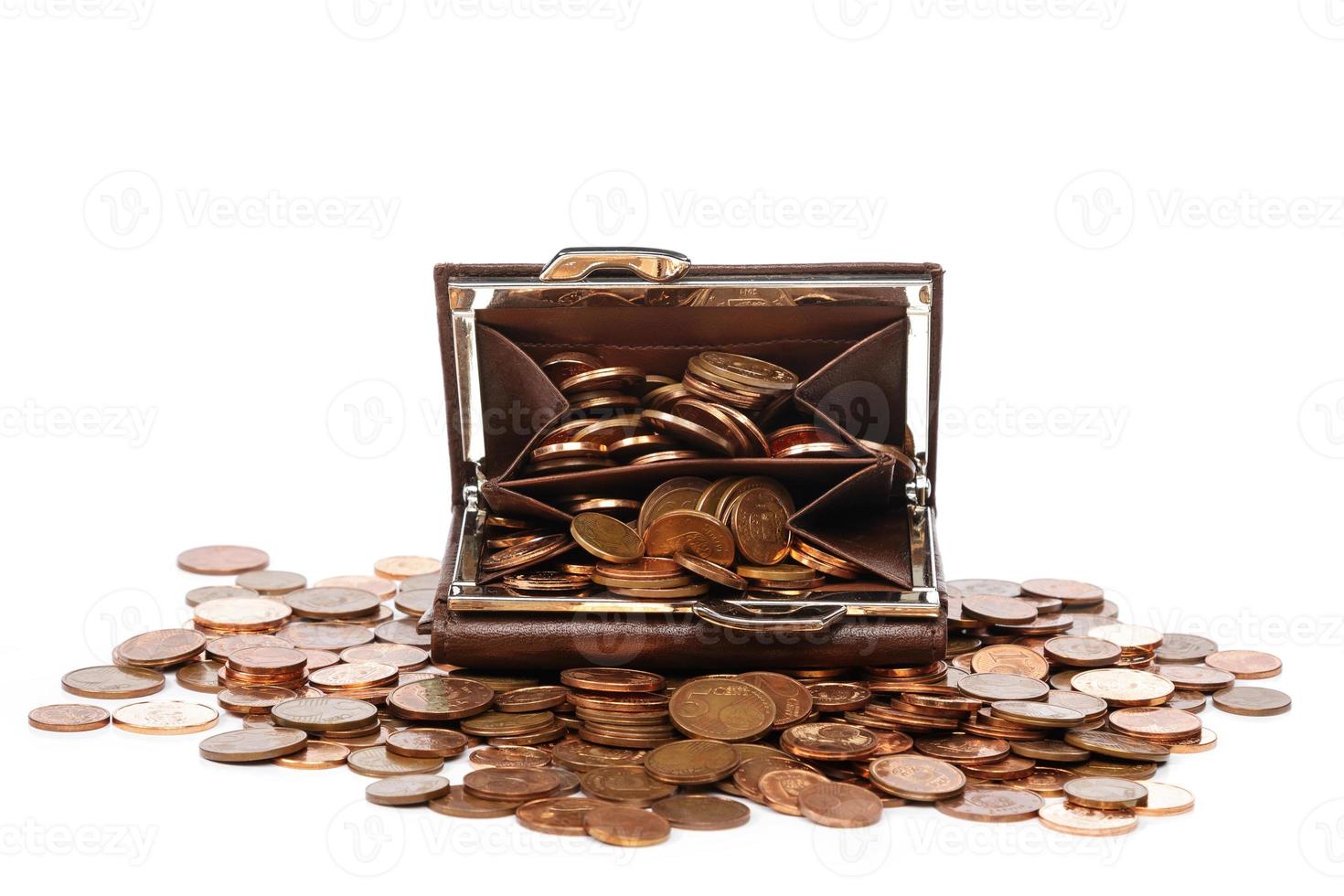 Leather wallet with a lot of euro cent coins photo