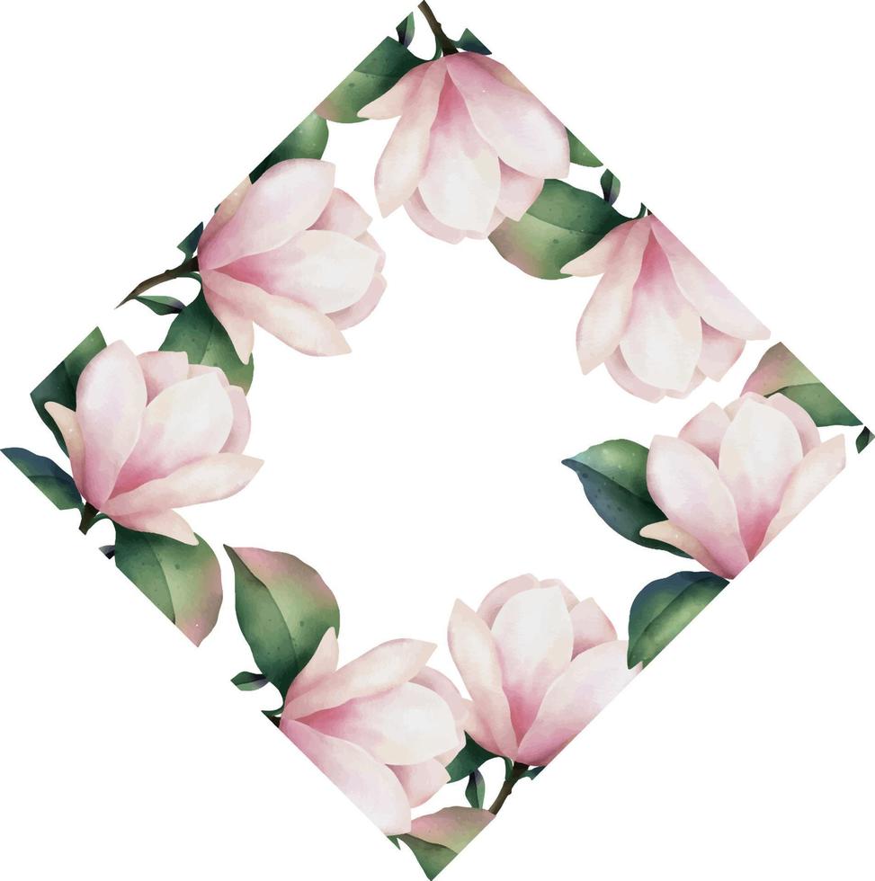 Hand drawn watercolor frame of pink magnolia flowers, isolated illustration on a white background vector