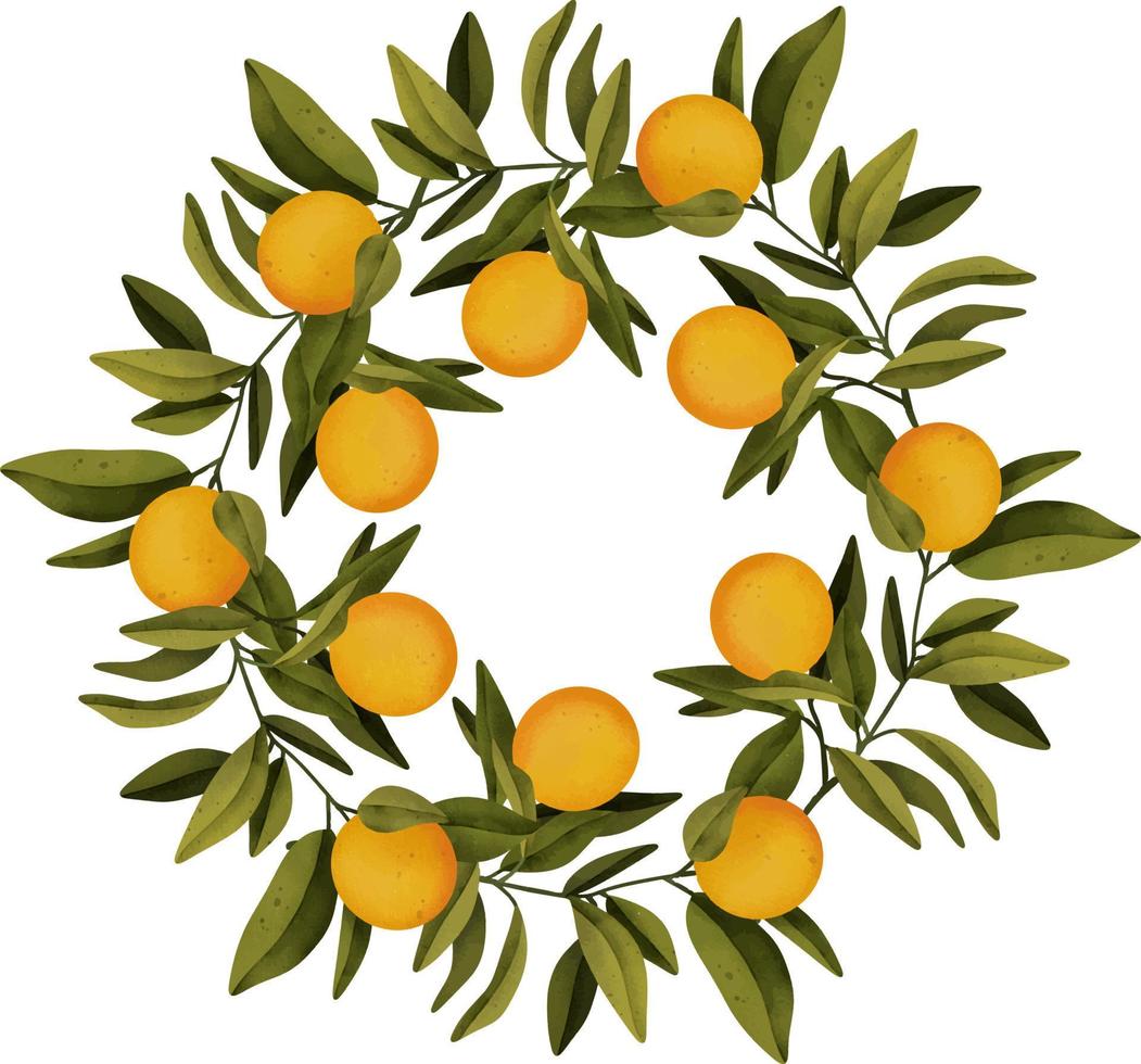 Wreath of hand drawn watercolor blooming orange tree branches and orange, isolated illustration on a white background vector