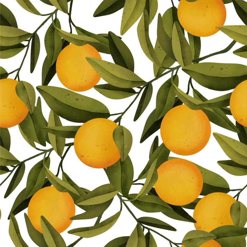 Seamless Orange pattern with tropic fruits, leaves, flowers background. Hand drawn watercolor illustration on white background vector