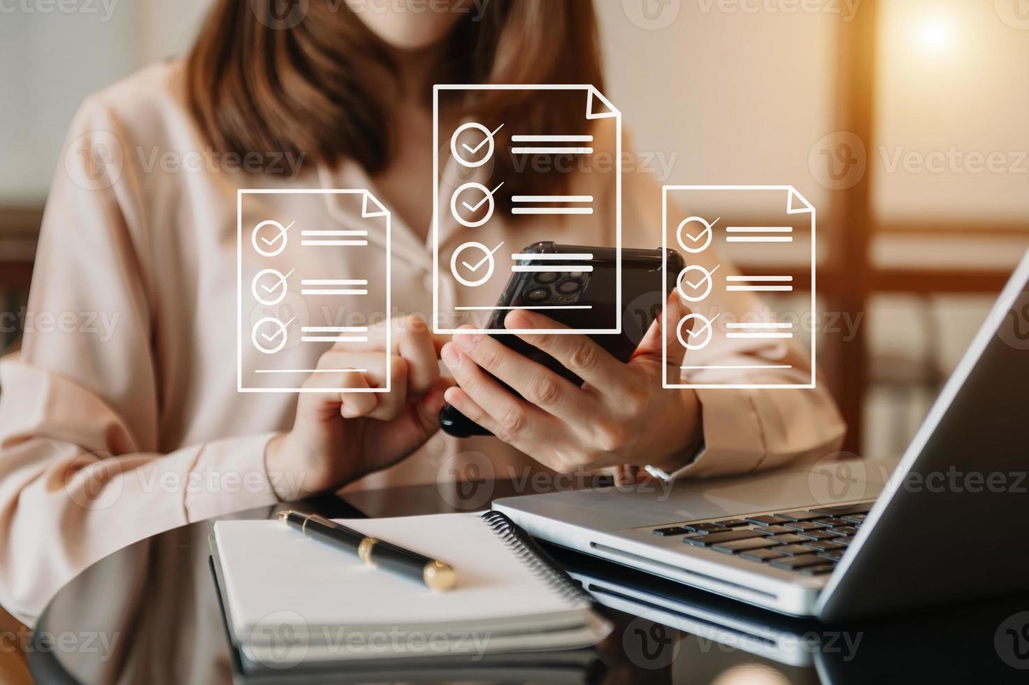 Online business contract Electronic signature, e-signing, digital document management, paperless office, business hand working at office photo