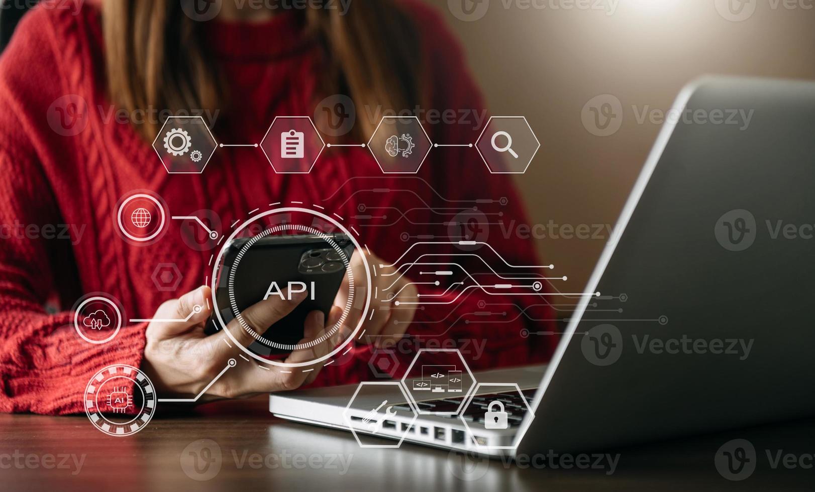 API Application Programming Interface, woman using laptop, tablet and smartphone with virtual screen API icon Software development tool, modern technology photo
