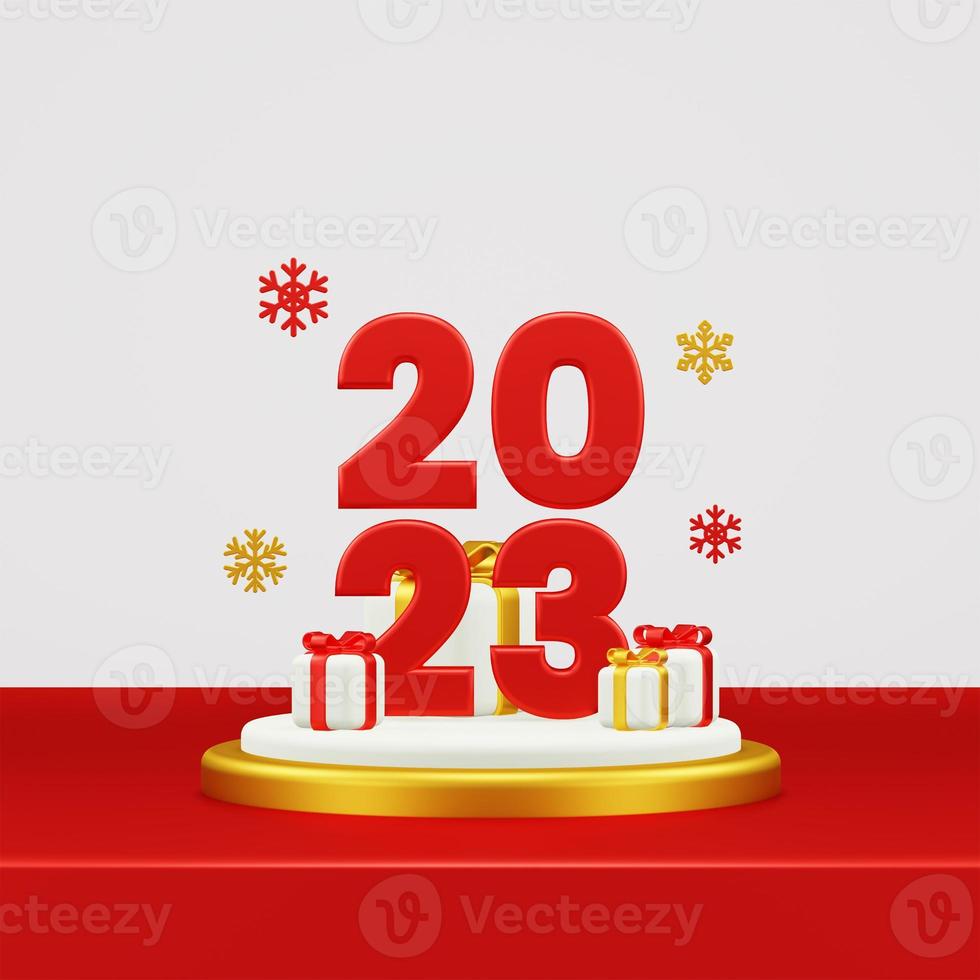 Happy New Year 2023 3D Render Composition With Ornament For Event Promotion Social Media And Landing Page photo