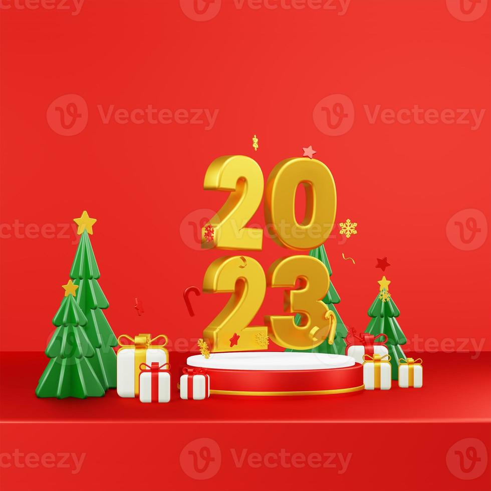 Happy New Year 2023 3D Render Composition With Ornament For Event Promotion Social Media And Landing Page photo