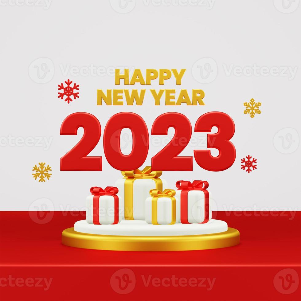 Happy New Year 2023 3D Render Composition With Ornament For Event Promotion Social Media And Landing Page photo