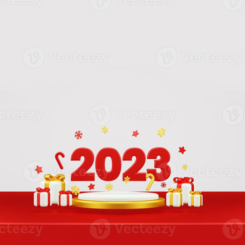 Happy New Year 2023 3D Render Composition With Ornament For Event Promotion Social Media And Landing Page photo