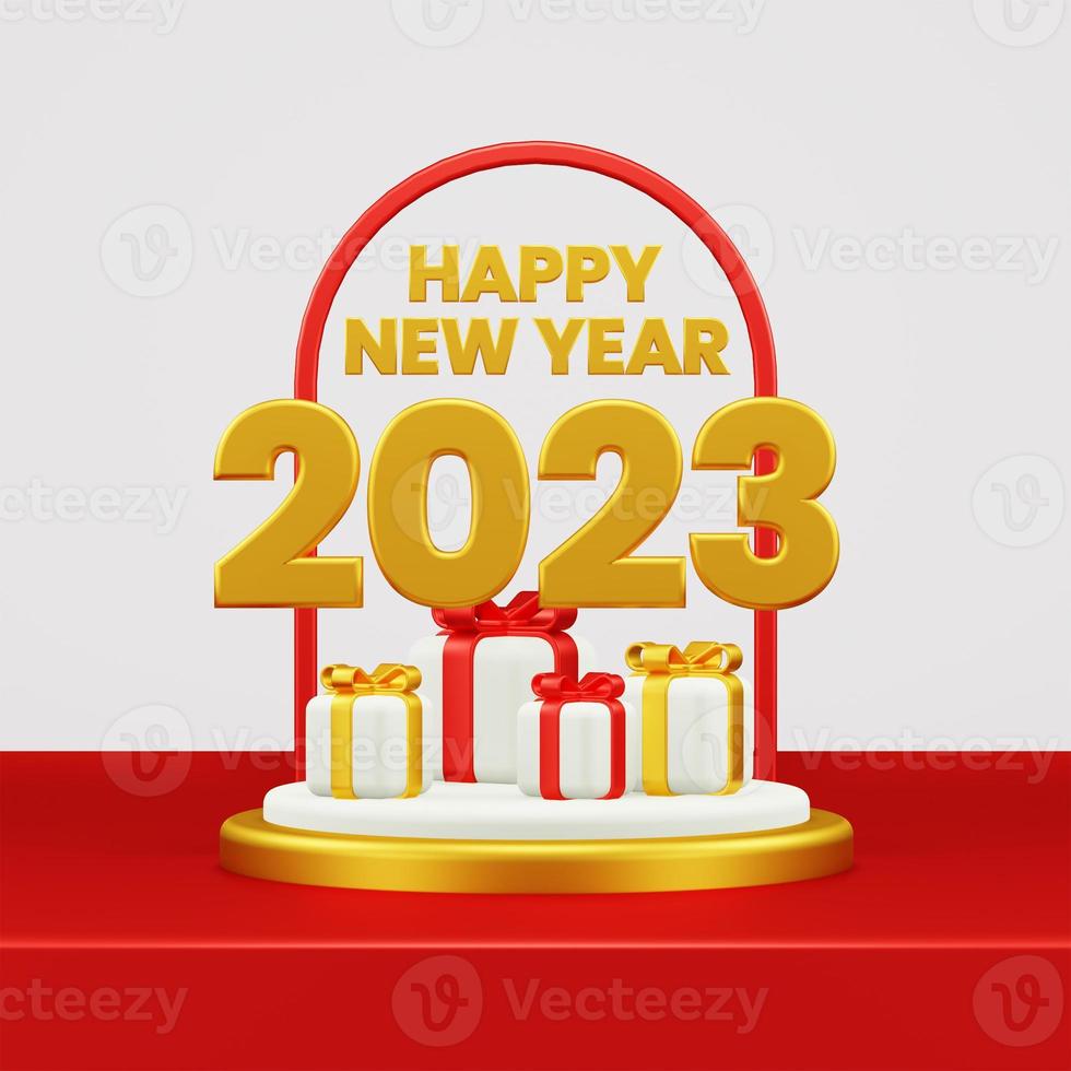 Happy New Year 2023 3D Render Composition With Ornament For Event Promotion Social Media And Landing Page photo