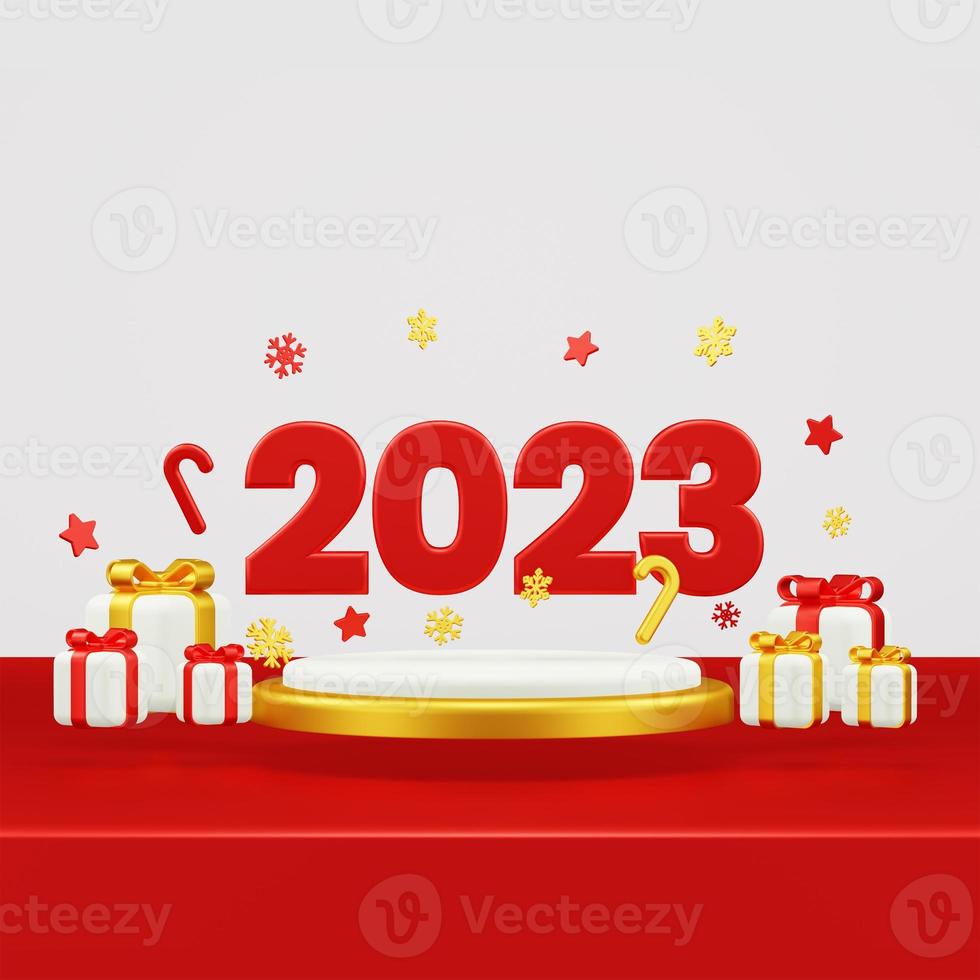 Happy New Year 2023 3D Render Composition With Ornament For Event Promotion Social Media And Landing Page photo
