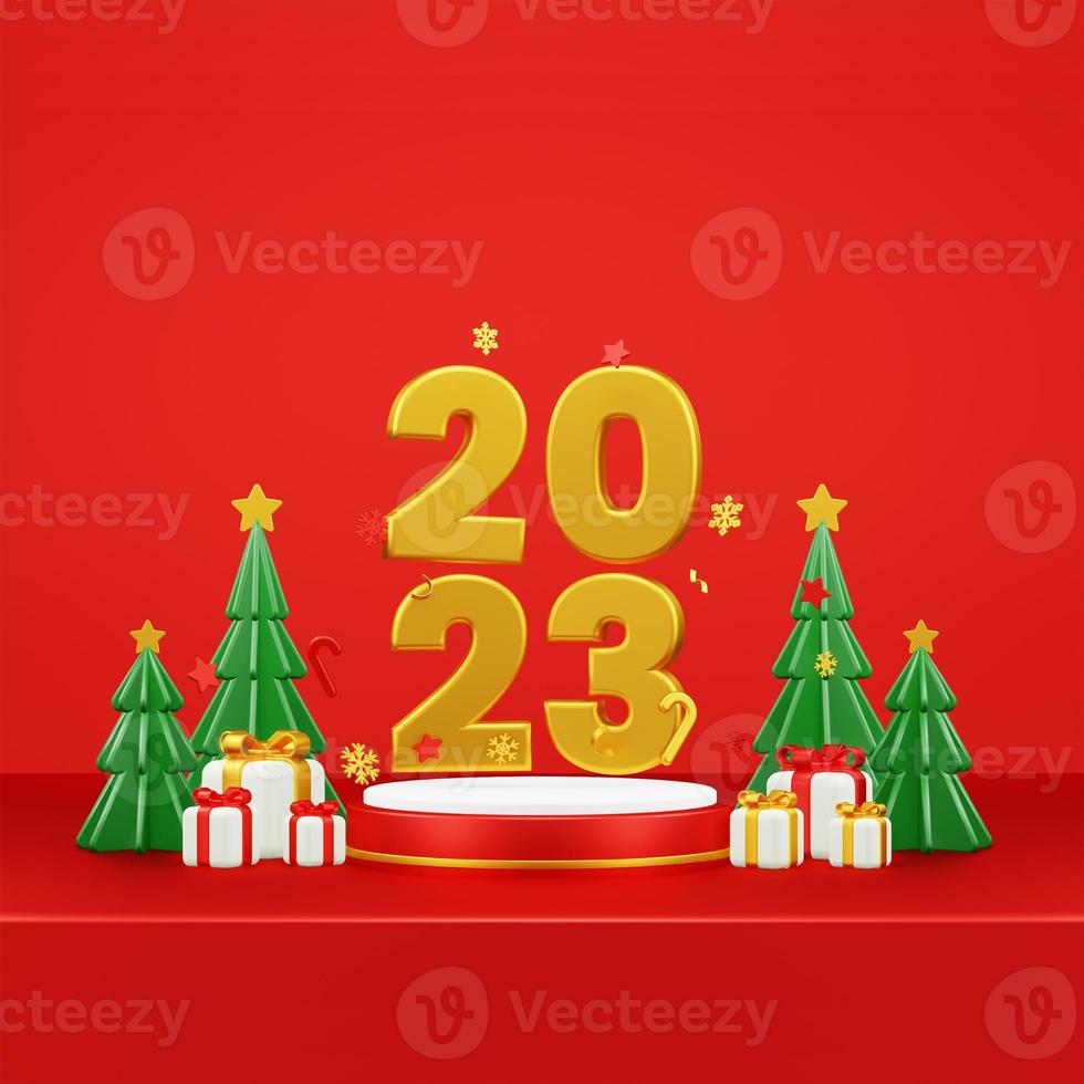 Happy New Year 2023 3D Render Composition With Ornament For Event Promotion Social Media And Landing Page photo