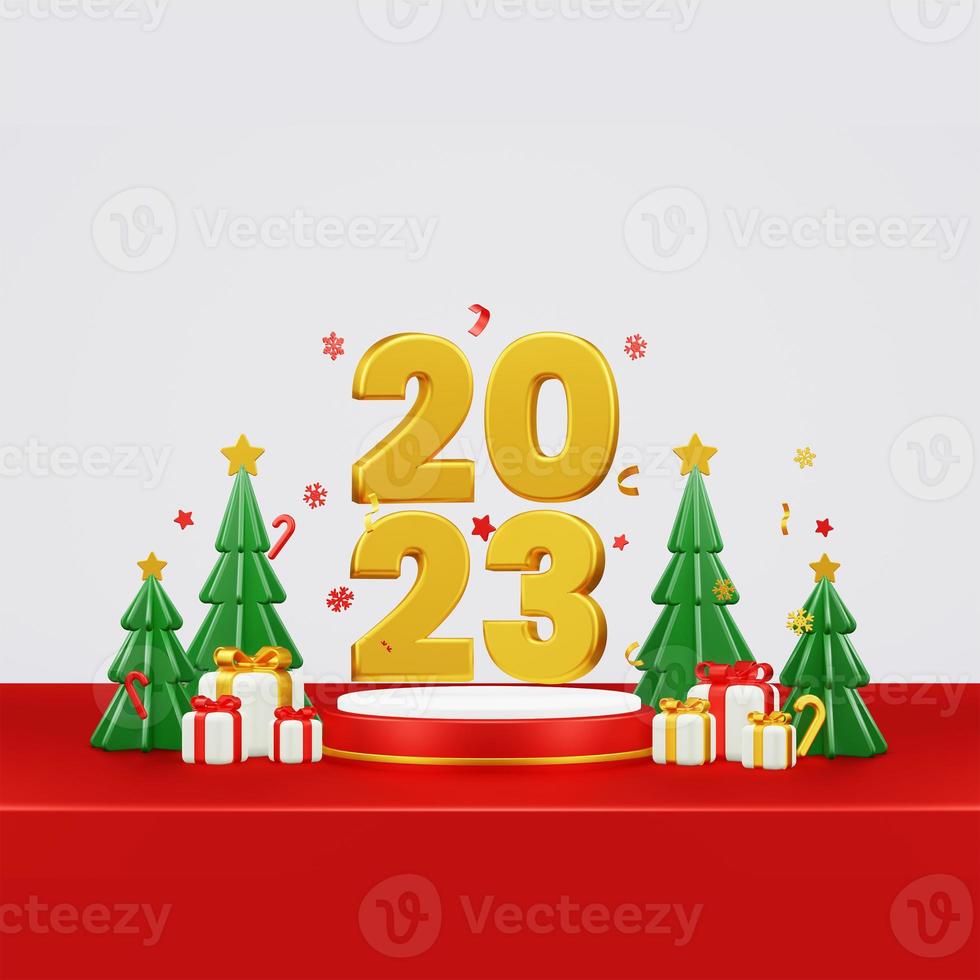 Happy New Year 2023 3D Render Composition With Ornament For Event Promotion Social Media And Landing Page photo