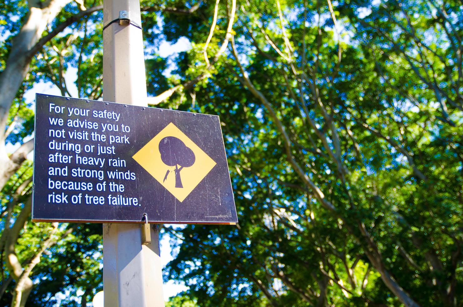 Warning sign  For your safety we advise you to not visit the park during or just after heavy rain and strong winds because of the risk of tree failure photo
