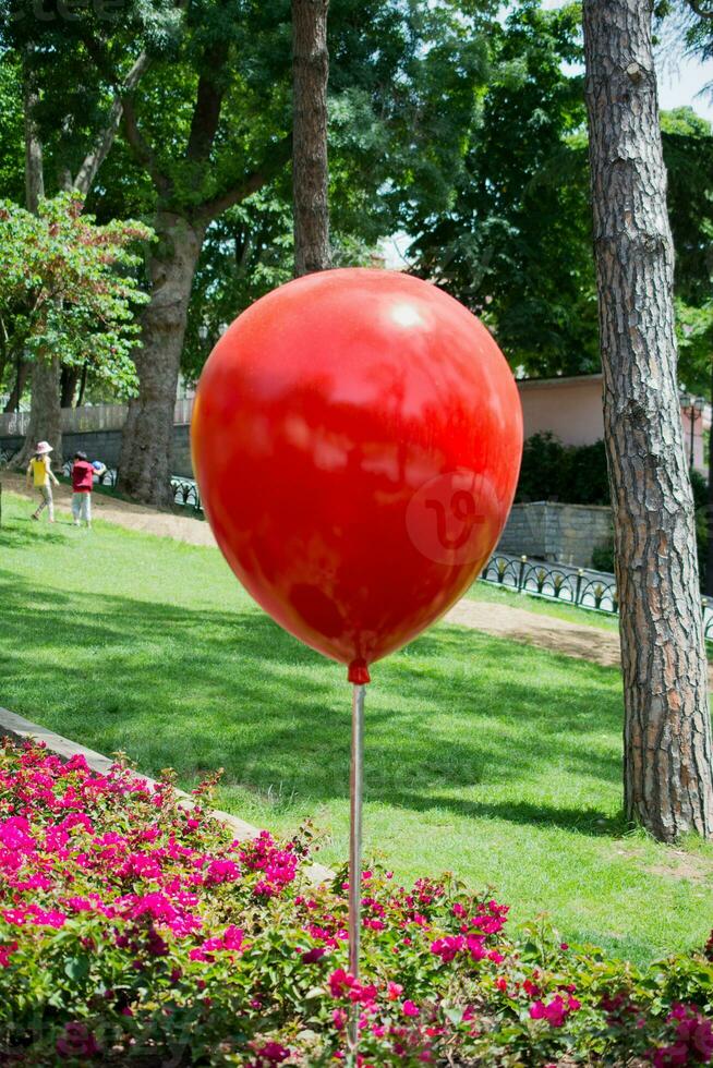 Red color baloon and flowers in a park photo
