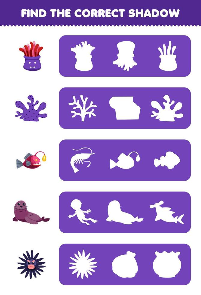 Education game for children find the correct shadow silhouette of cute cartoon anemone coral fish seal urchin printable underwater worksheet vector