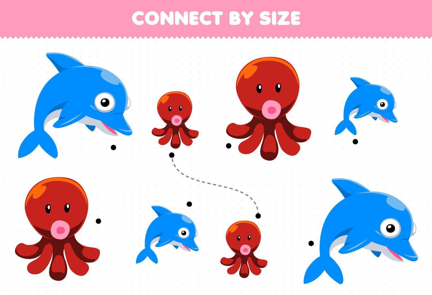 Educational game for kids connect by the size of cute cartoon dolphin and octopus printable underwater worksheet vector