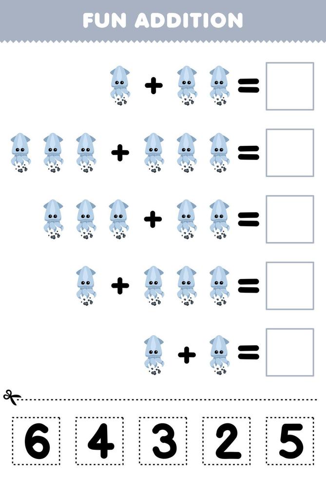 Education game for children fun addition by cut and match correct number for cute cartoon squid printable underwater worksheet vector