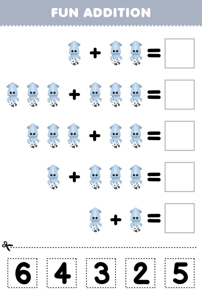 juego educativo para niños divertido además de cortar y combinar el número correcto para la hoja de trabajo subacuática imprimible del calamar de dibujos animados lindo vector