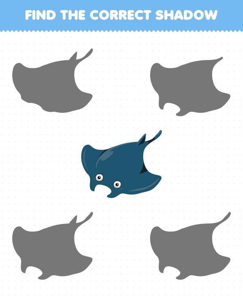 Education game for children find the correct shadow of cute cartoon manta printable underwater worksheet vector