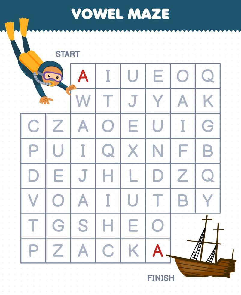 Education game for children vowel maze help cute cartoon diver move to wrecked ship printable underwater worksheet vector