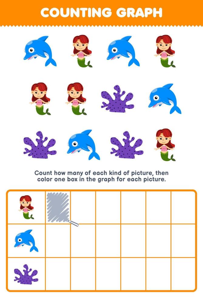 juego educativo para niños cuente cuántos lindos dibujos animados sirena delfín coral luego coloree el cuadro en el gráfico hoja de trabajo subacuática imprimible vector