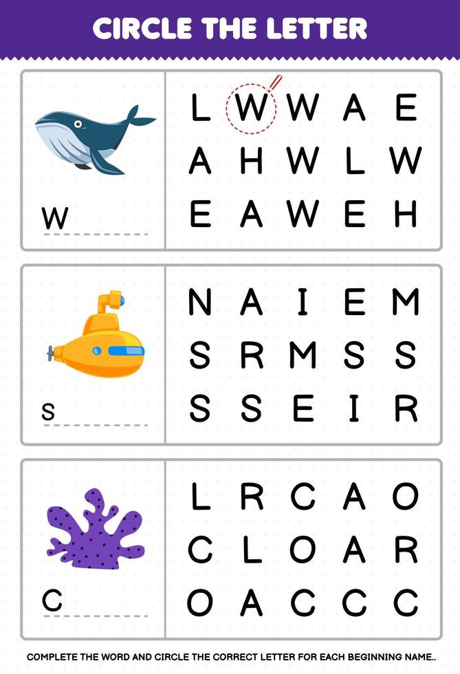 Education game for children circle the beginning letter from cute cartoon whale submarine coral printable underwater worksheet vector