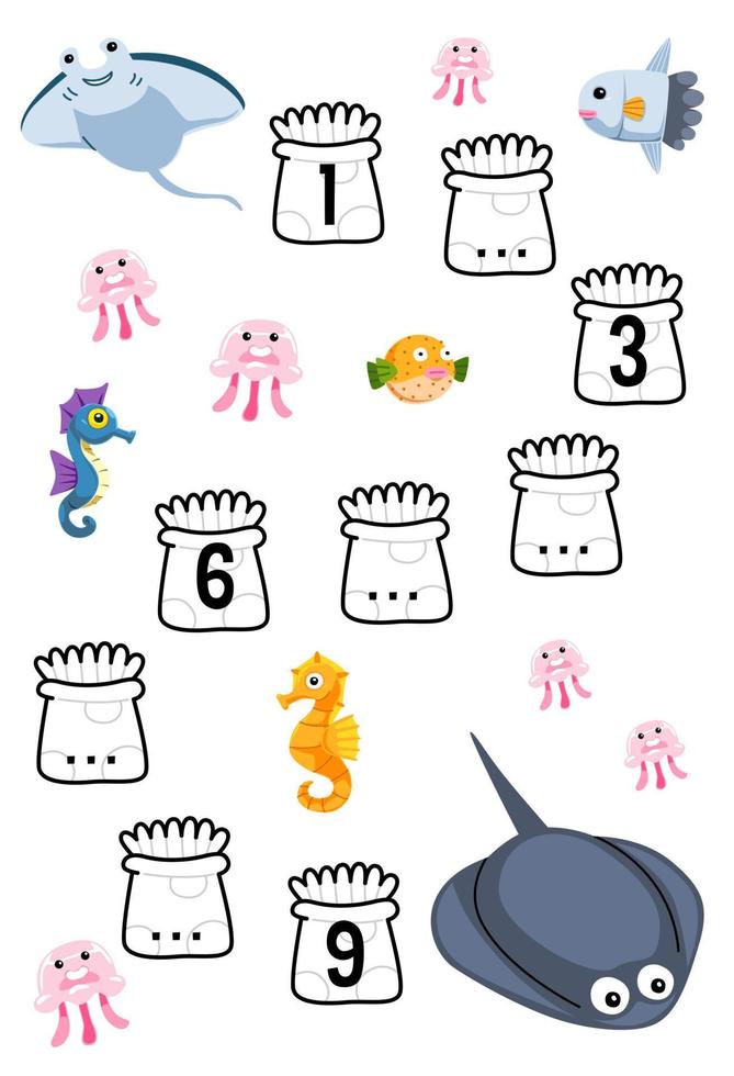 Education game for complete the sequence of number with cute cartoon manta stingray seahorse and jellyfish picture printable underwater worksheet vector