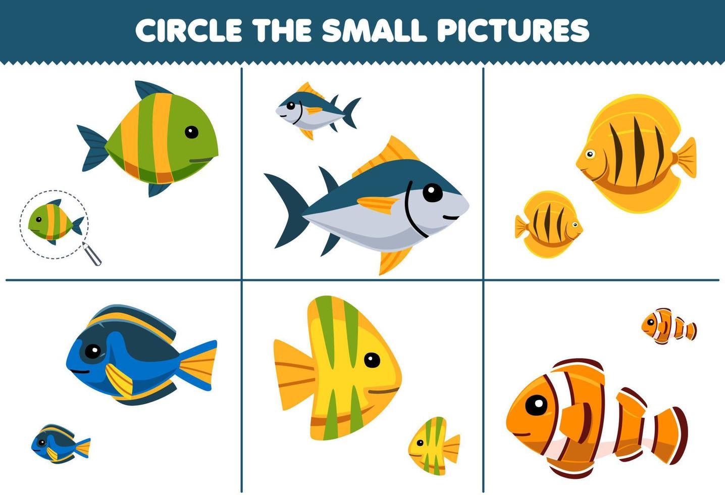 Education game for children circle the small picture of cute cartoon fish printable underwater worksheet vector