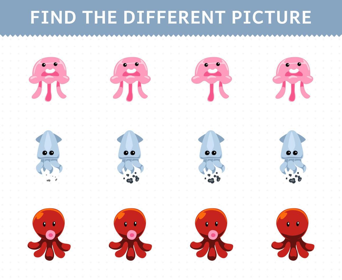 Education game for children find the different picture in each row of cute cartoon jellyfish squid octopus printable underwater worksheet vector