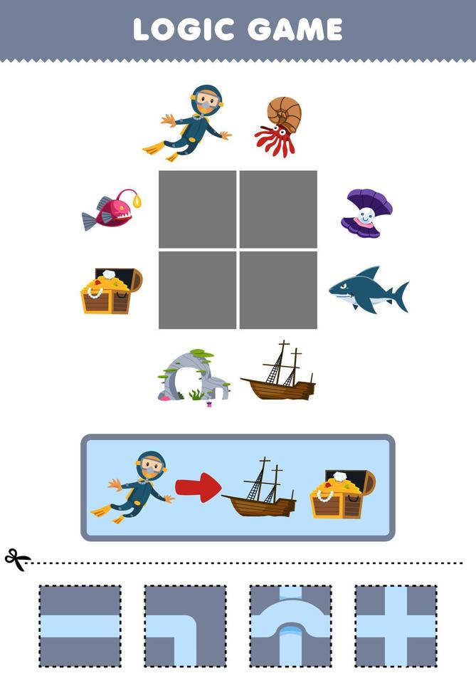 Education game for children logic puzzle build the road for diver move to treasure chest and wrecked ship printable underwater worksheet vector