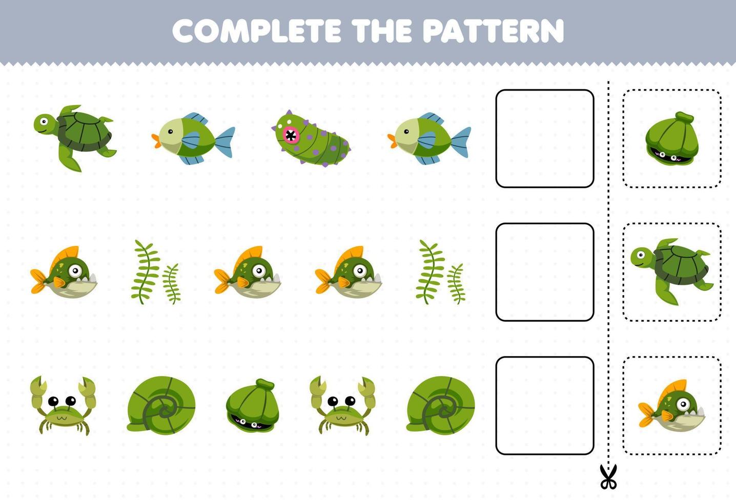 Education game for children cut and complete the pattern of each row from a cute cartoon turtle fish sea cucumber piranha seaweed crab shell worksheet vector