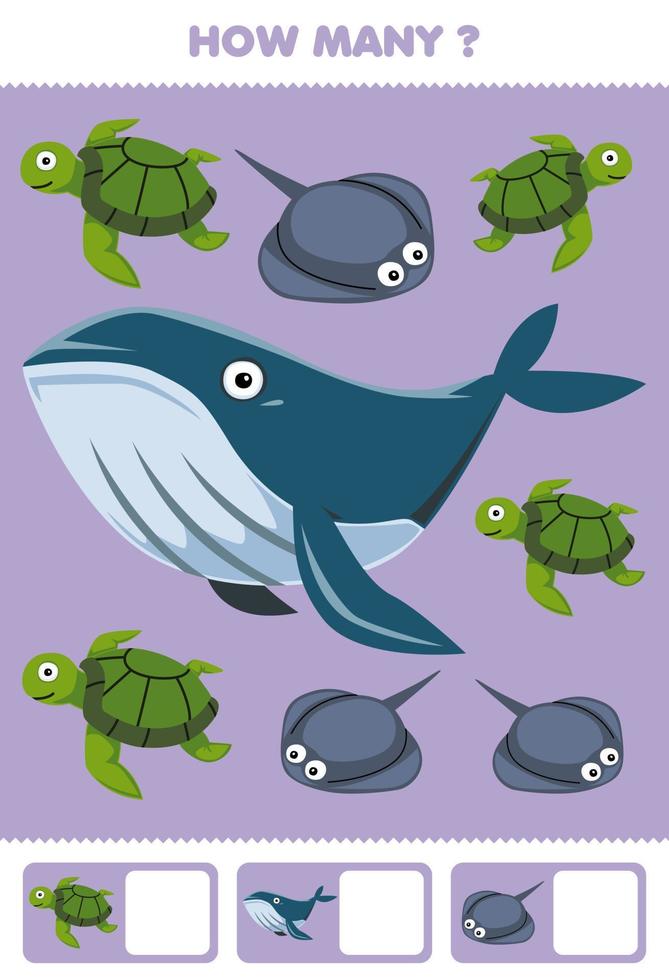 Education game for children searching and counting how many pictures of cute cartoon turtle whale stingray printable underwater worksheet vector