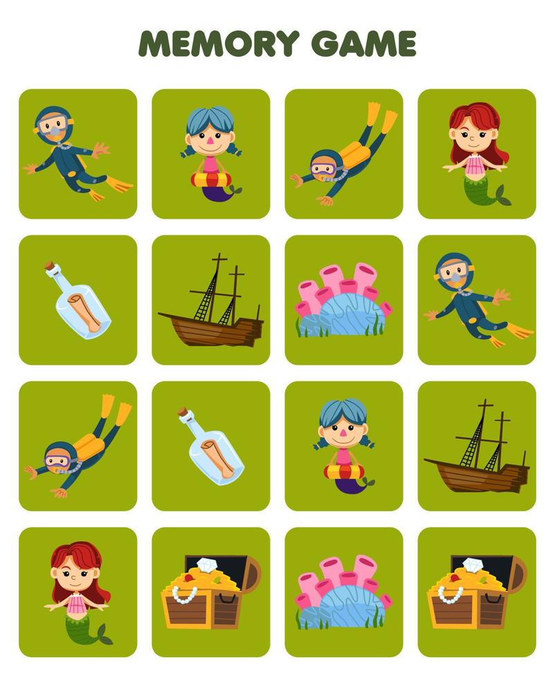 Education game for children memory to find similar pictures of cute cartoon diver mermaid coral bottle treasure chest wrecked ship printable underwater worksheet vector