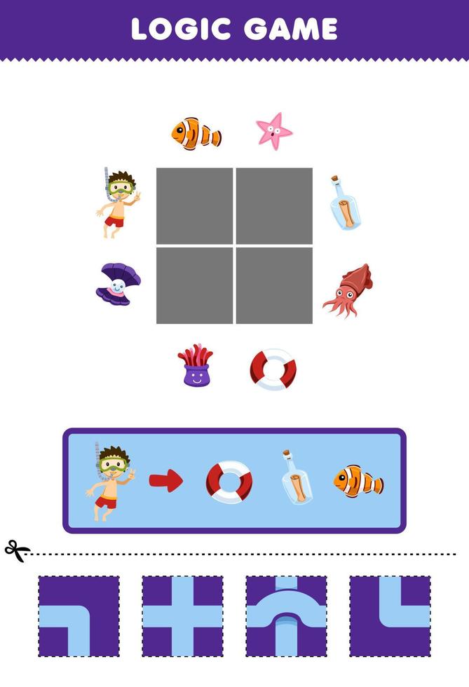 Education game for children logic puzzle build the road for diver move to lifebuoy and fish printable underwater worksheet vector
