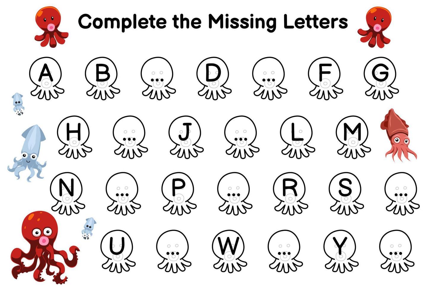 Education game for complete the missing letters with cute cartoon octopus and squid picture printable underwater worksheet vector