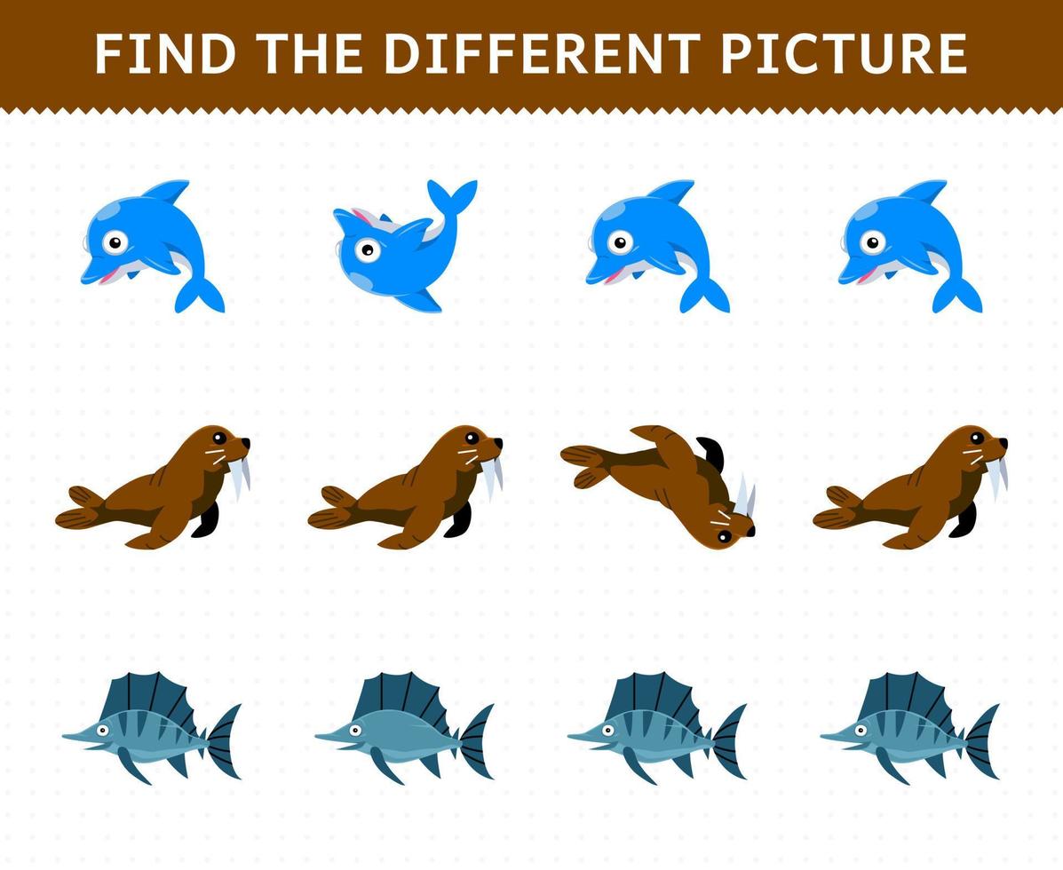 Education game for children find the different picture in each row of cute cartoon walrus dolphin fish printable underwater worksheet vector