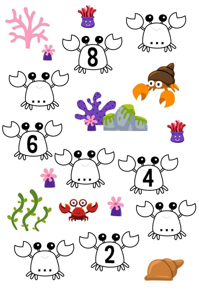 Education game for complete the sequence of number with cute cartoon crab and coral picture printable underwater worksheet vector