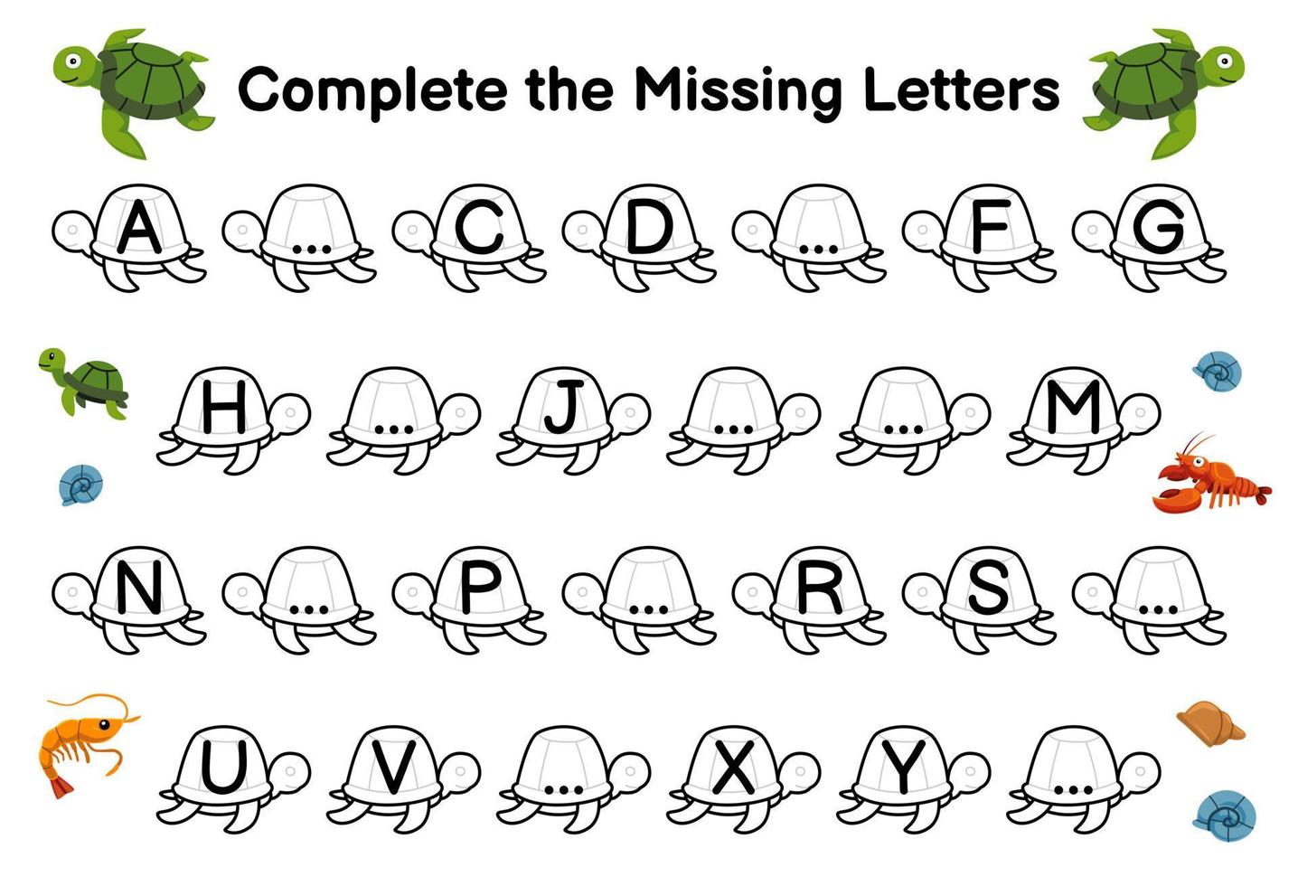 Education game for complete the missing letters with cute cartoon turtle picture printable underwater worksheet vector