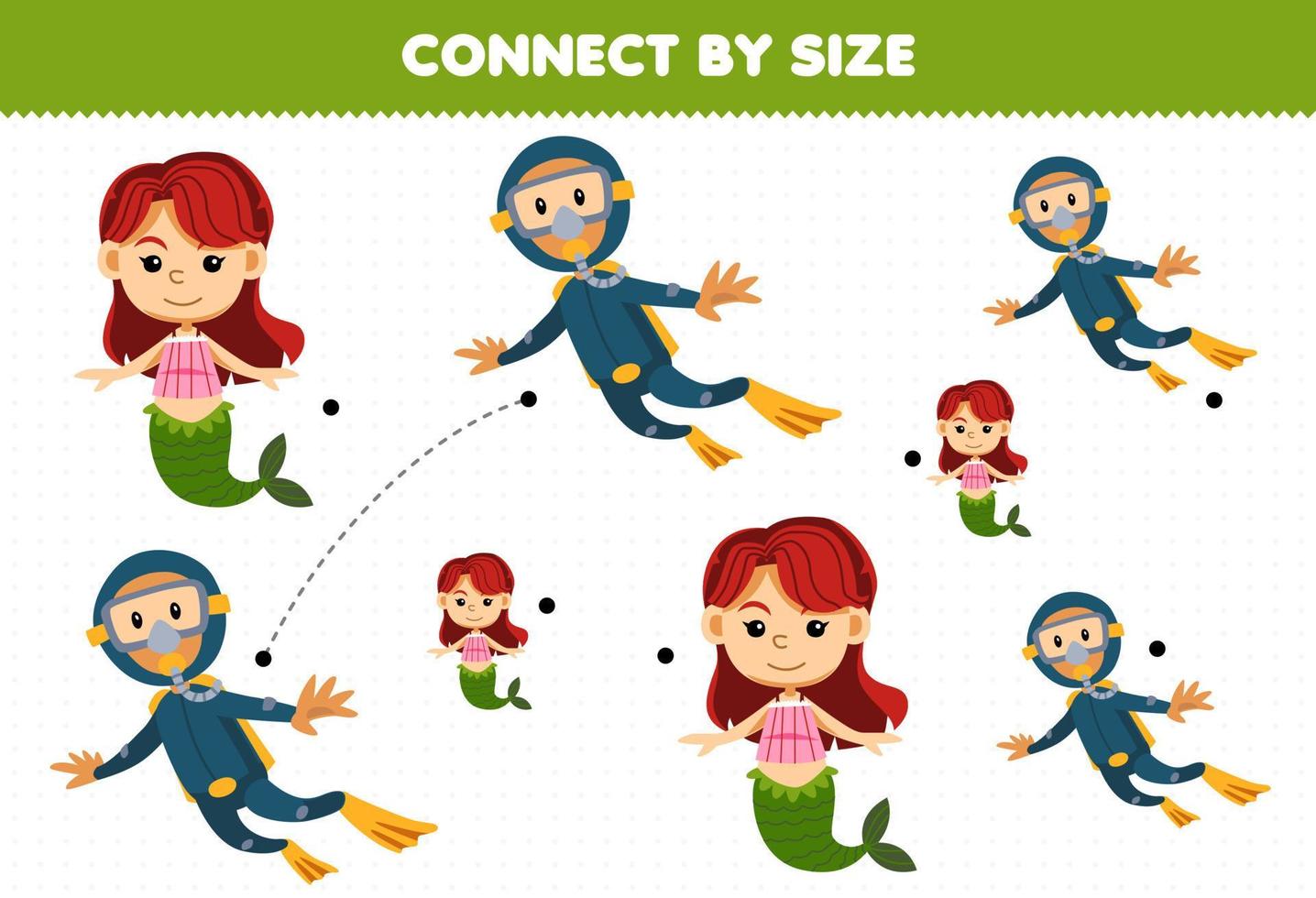 Educational game for kids connect by the size of cute cartoon mermaid and diver printable underwater worksheet vector