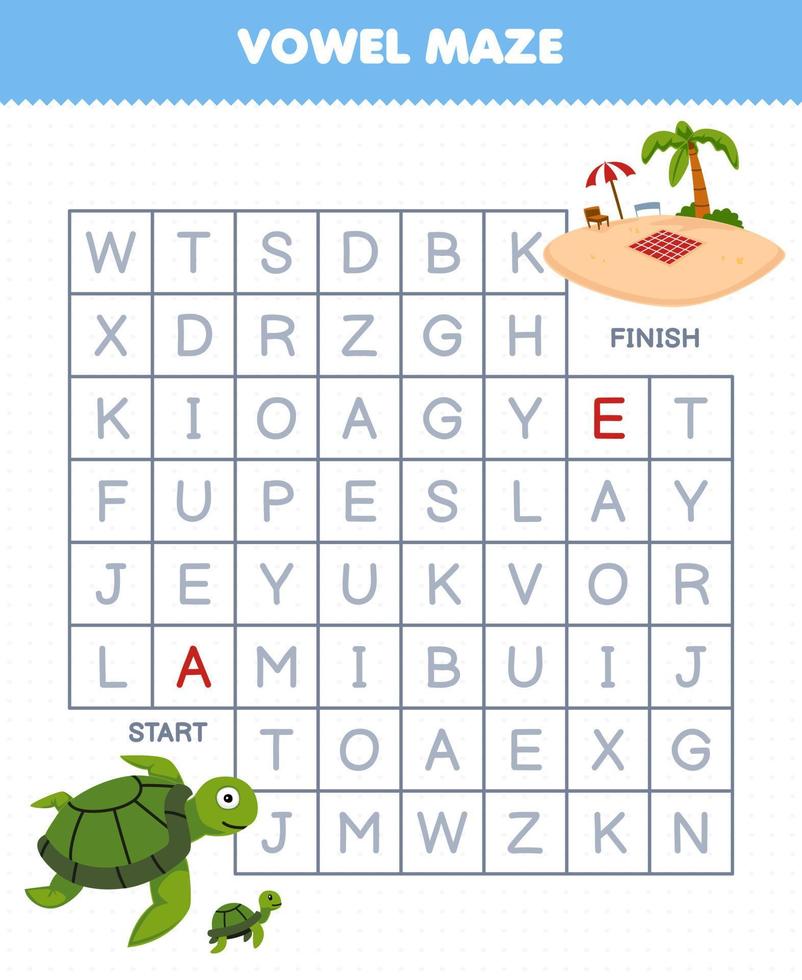 Education game for children vowel maze help cute cartoon turtle move to beach printable underwater worksheet vector