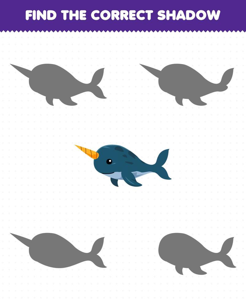 Education game for children find the correct shadow of cute cartoon narwhal printable underwater worksheet vector