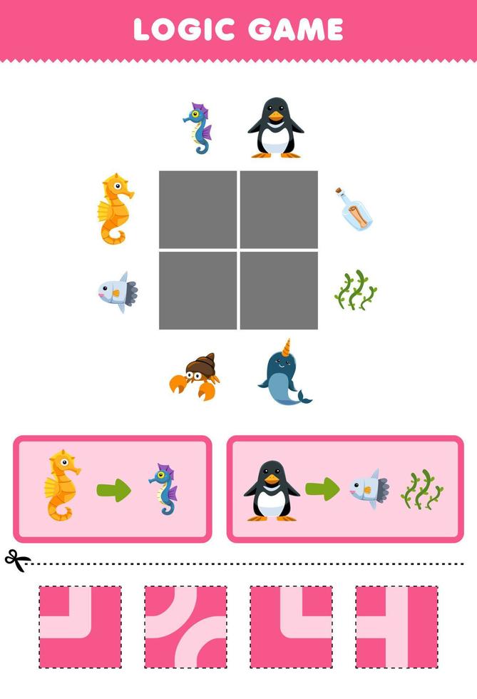 Education game for children logic puzzle build the road for seahorse and penguin move to seahorse and sunfish printable underwater worksheet vector