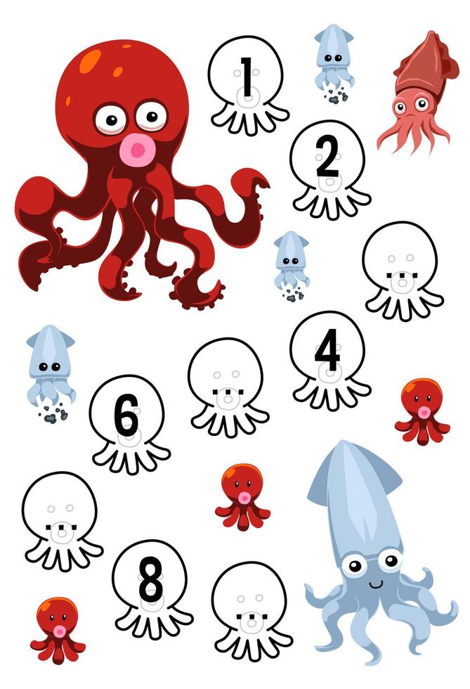 juego educativo para completar la secuencia de números con una linda caricatura de pulpo y una hoja de trabajo subacuática imprimible con una imagen de calamar vector